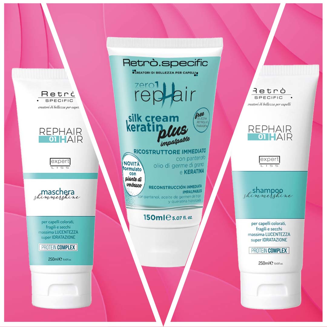 Shampoo e maschera della linea Rephair abbinati al silk cream keratin plus.