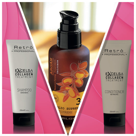 Shampoo e conditioner della linea retro' excelsa uniti all'olio supremo Argan