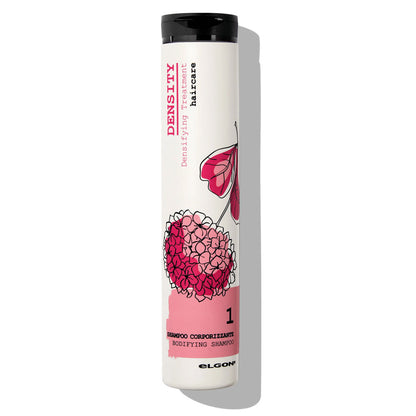 Shampoo per capelli fini in confezione bianca a tema floreale, tappo fliptop nero.