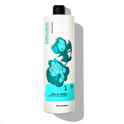 Shampoo sublimia in formato da litro con tappo flip top nero.