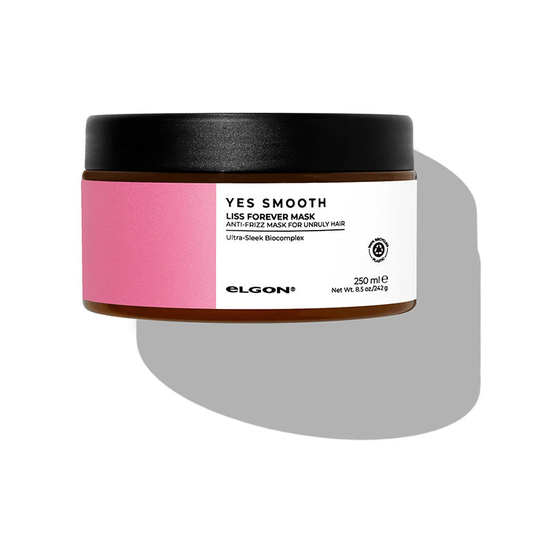 maschera anticrespo per capelli ribelli, vaso da 250ml con tappo nero ed etichetta bianca e rosa.