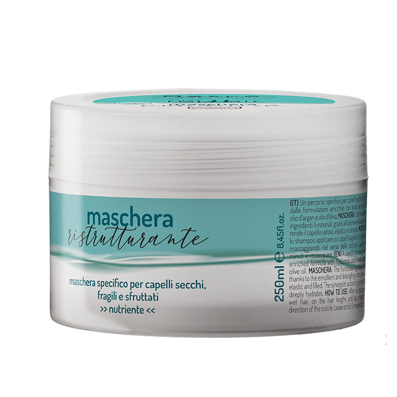 maschera riparatrice per capelli secchi e sciupati, vaso bianco e azzurro da 250ml