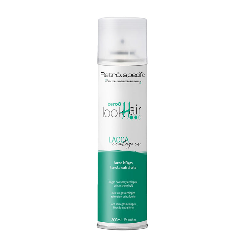 Lacca spray ecologica, senza gas, flacone in alluminio da 300 ml di colore verde acqua e bianco.