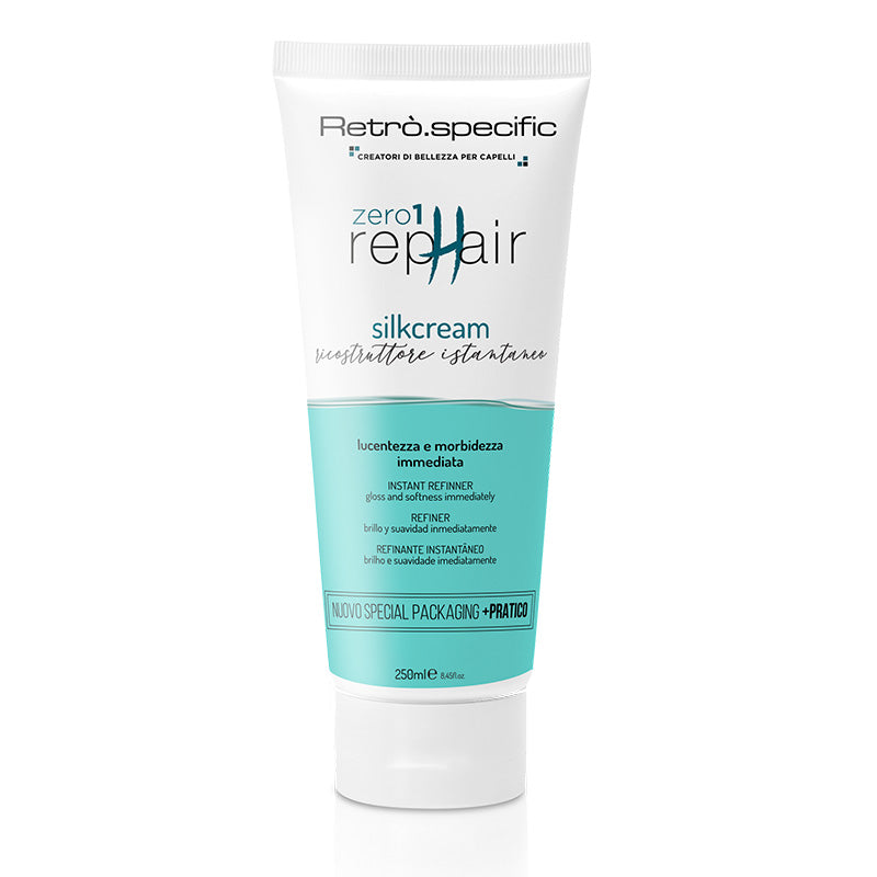 Silkcream ricostruttore istantaneo e termoprotettore per capelli in formato maggiorato, flacone azzurro e bianco da 250ml.