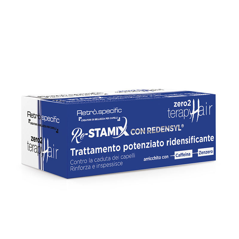 Trattamento contro la caduta dei capelli. con caffeina, zenzero e redensyl. Box di colore blu che contiene 10 fiale da 10ml l'una.