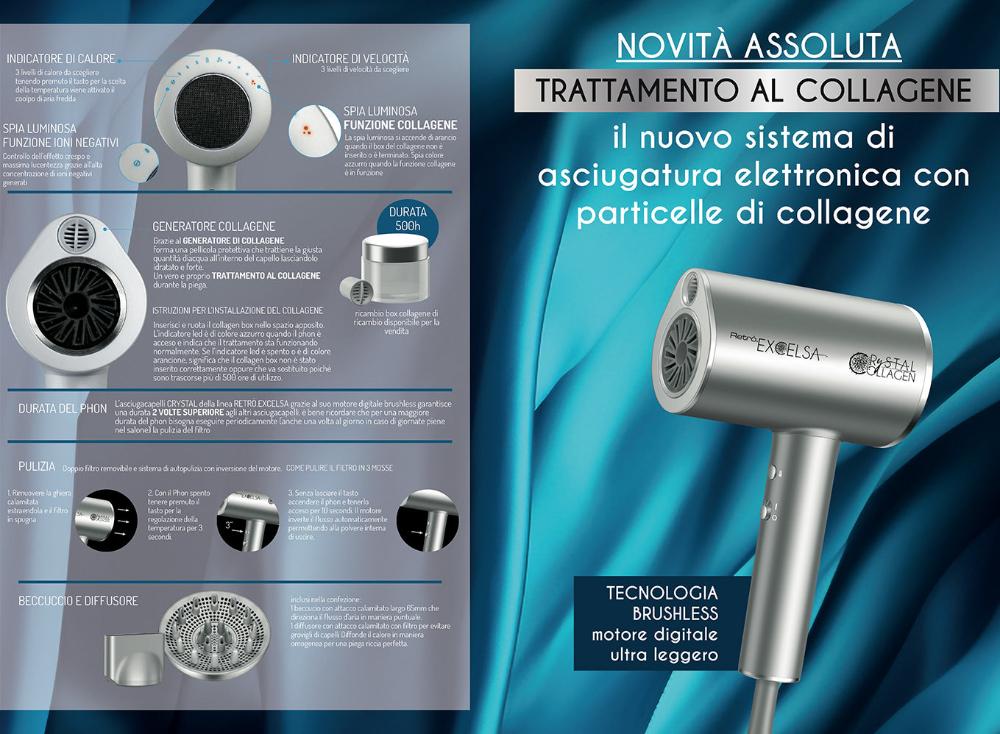 Brochure di presentazione del phon con in allegato tutte le caratteristiche. Motore Brushless, generatore di collagene, durata e pulizia.