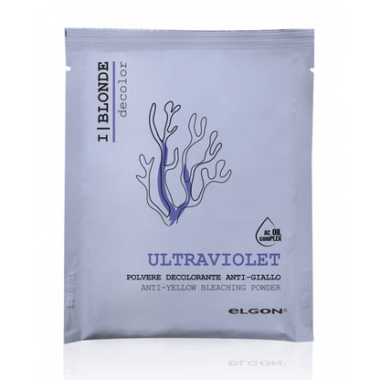 Polvere decolorante con azione antigiallo in bustina monodose da 50g, colorazione viola che richiama l'azione anti-giallo.