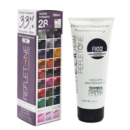 Maschera colorante ad alte performance colorazione lavanda, sulla sinistra il packaging con la tavola colori, sulla destra il flacone bianco con tappo nero