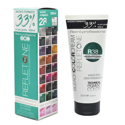 Maschera colorante verde smeraldo, tubo bianco e nero packaging in risalto con tutti i colori disponibili.