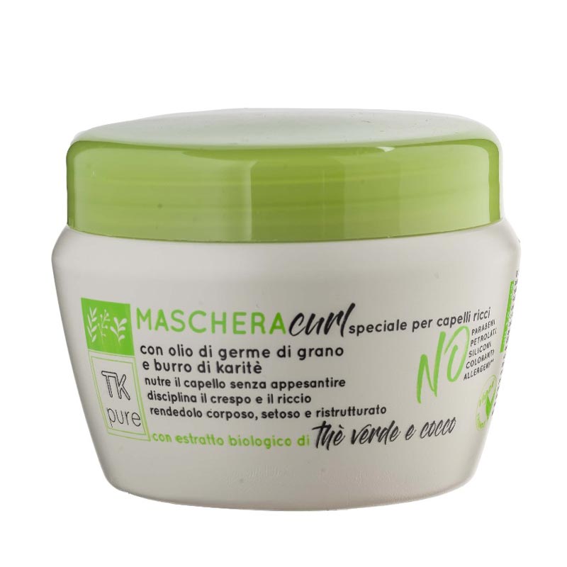 maschera per capelli ricci in vaso bianco con tappo verde